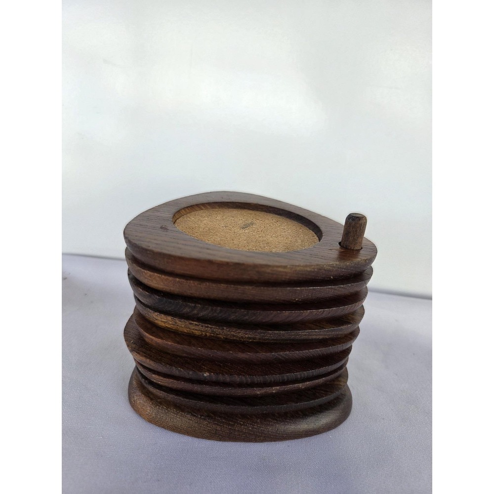 Vintage Japan Wood Cork Pear Shape Coasters Set of 8 w Holder Mid Century